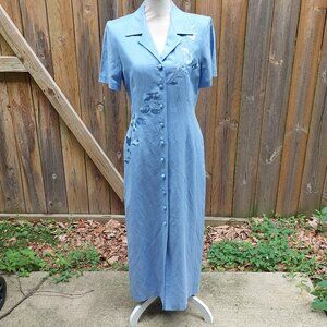 Jessica Howard Long Shirtdress Dress Blue Sz 10P Floral Embroidery Y2K 1990s